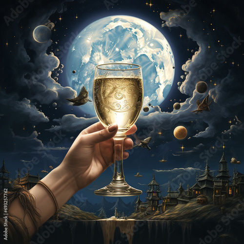 Una mano atajando una copa de cidra  con un fondo surrealista donde se apreciá-la   luna y el anochecer  photo