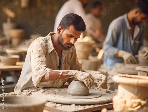 An artisan man skillfully molds clay on a wheel, creating pottery with traditional techniques. Highly suitable for cultural publications, craft tutorial. photo