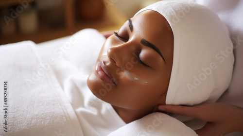 a woman lies on a massage table covered in crisp white linen.