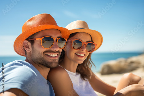 European couple wearing polarizing sunglasses and summer hat photo