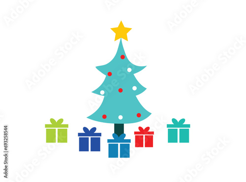 Green colour of christmas tree and gifts