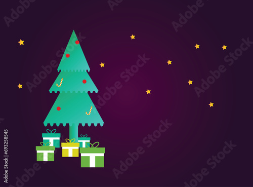 Christmas tree gift in bottom with stars and snowflakes
