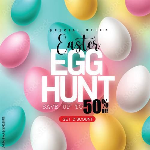 Easter sale text vector banner design. Easter egg hunt special offer 50% off discount for holiday season promotion with color pastel eggs elements. Vector illustration easter egg promo sale banner.
