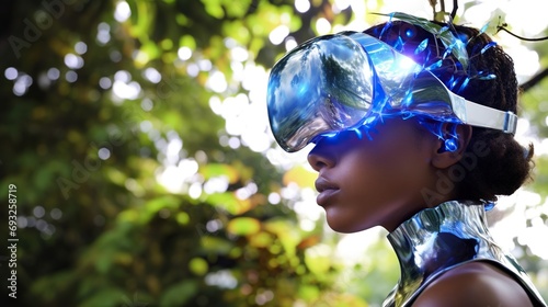 Young woman wearing technology headset and exploring nature , artificial intelligence concept  photo