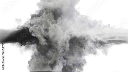 Puffs of white and grey smoke collide against a white background. 3d illustration. 