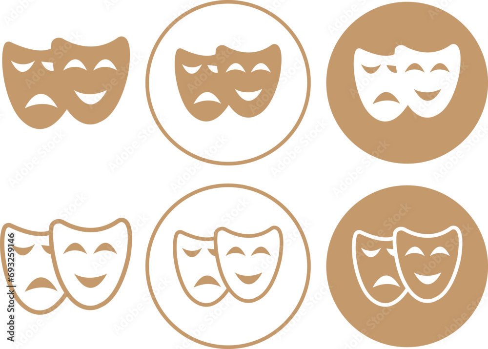 Brown Flat Theatrical mask icons Set. Theater, theatre mask signs. Happy and unhappy traditional symbols of theaters. Comedy and tragedy mask symbols editable stock on transparent background. Brown Flat Theatrical mask icons Set. Theater, theatre mask signs. Happy and unhappy traditional symbols of theaters. Comedy and tragedy mask symbols editable stock on transparent background.