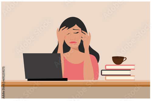 Stressed businessman working hard in office. Headache and exhausted vector illustration