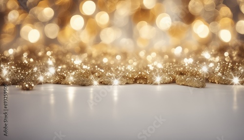 A white table with gold confetti on it