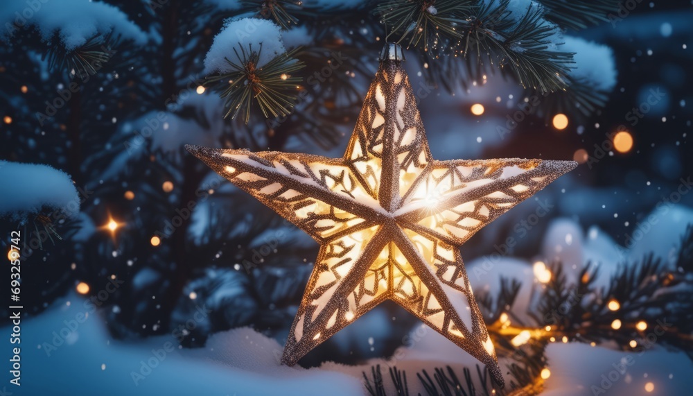 A lit star ornament on a tree