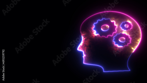 Human head with gear neon line profile icon. Glowing neon line Human Head silhouette icon isolated on black background. Human anatomy and science concept