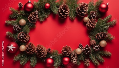 A red background with a wreath of pine cones and ornaments
