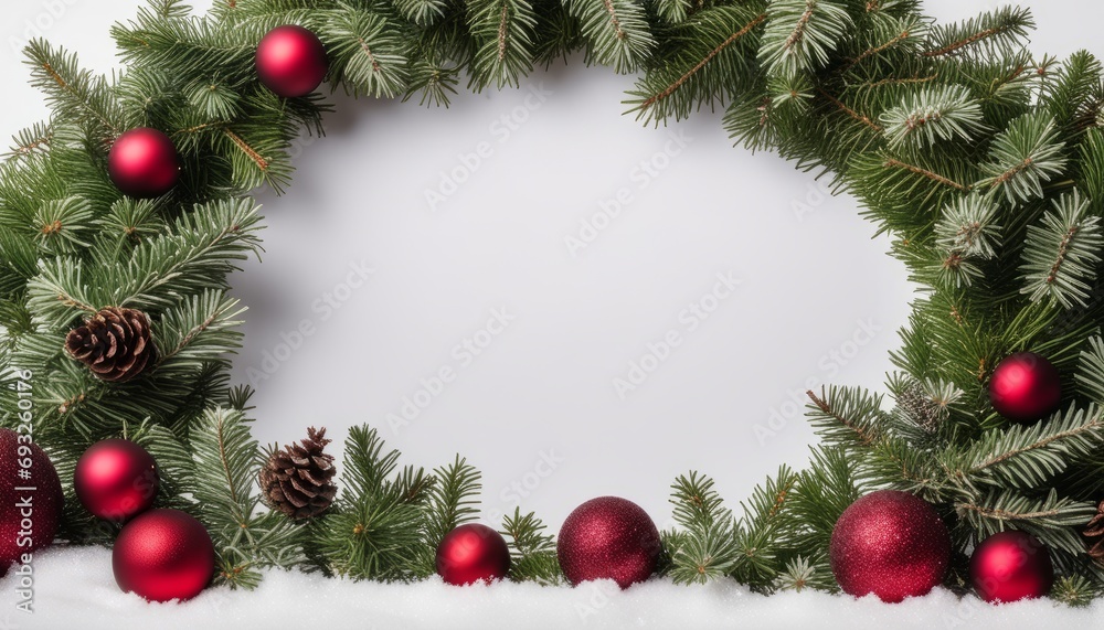 A wreath with red ornaments and pine needles A wreath with red ornaments and pine needles
