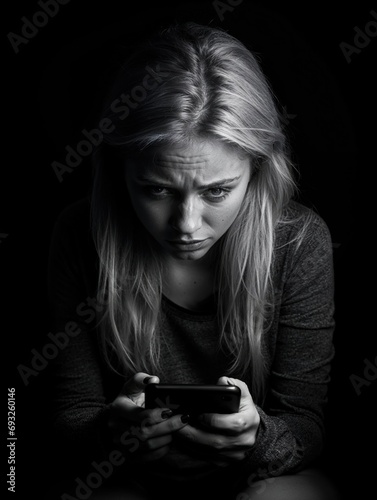 woman using a smartphone on a neutral background