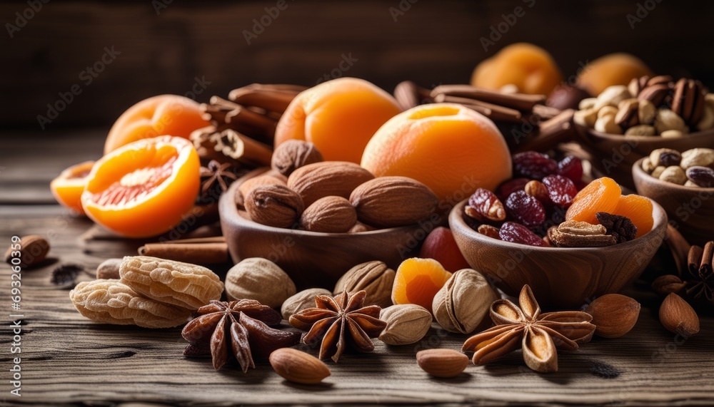 A wooden table with a variety of nuts and fruits