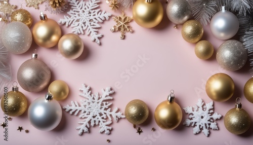 A row of Christmas ornaments including gold, silver, and white