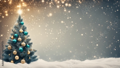 A blue and gold Christmas tree in a snowy field