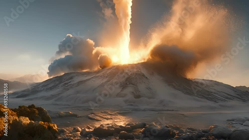 geysers eruption accompanied loud roaring sound shoots majestic column boiling water into sky. photo