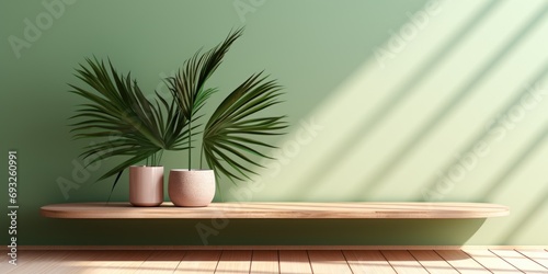  of empty interior design concept with palm leaves shadow  using wooden table against green stucco wall and window light. Product presentation mock up.