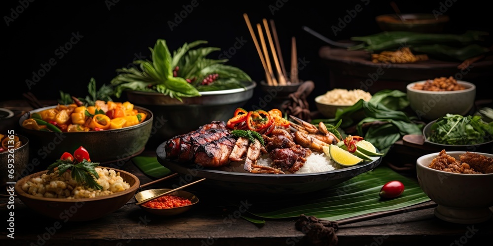 Delicious Thai cuisine with a variety of mixed selections, served on a dark wooden table.