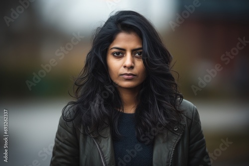 Indian woman serious sad face portrait outdoor photo