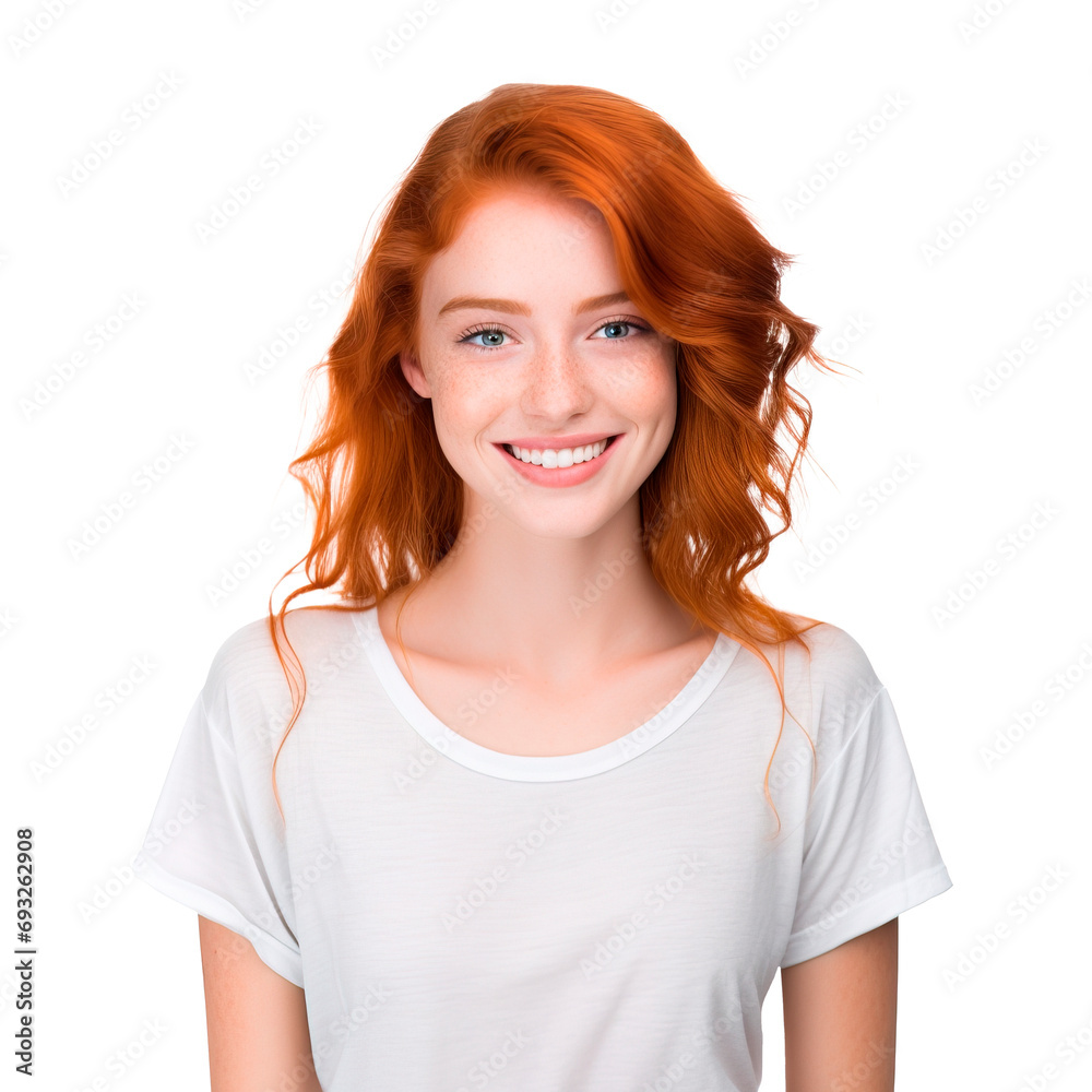 Teenage red hair girl posing with white t-shirt portrait posing over isolated transparent background Teenage red hair girl posing with white t-shirt portrait posing over isolated transparent background