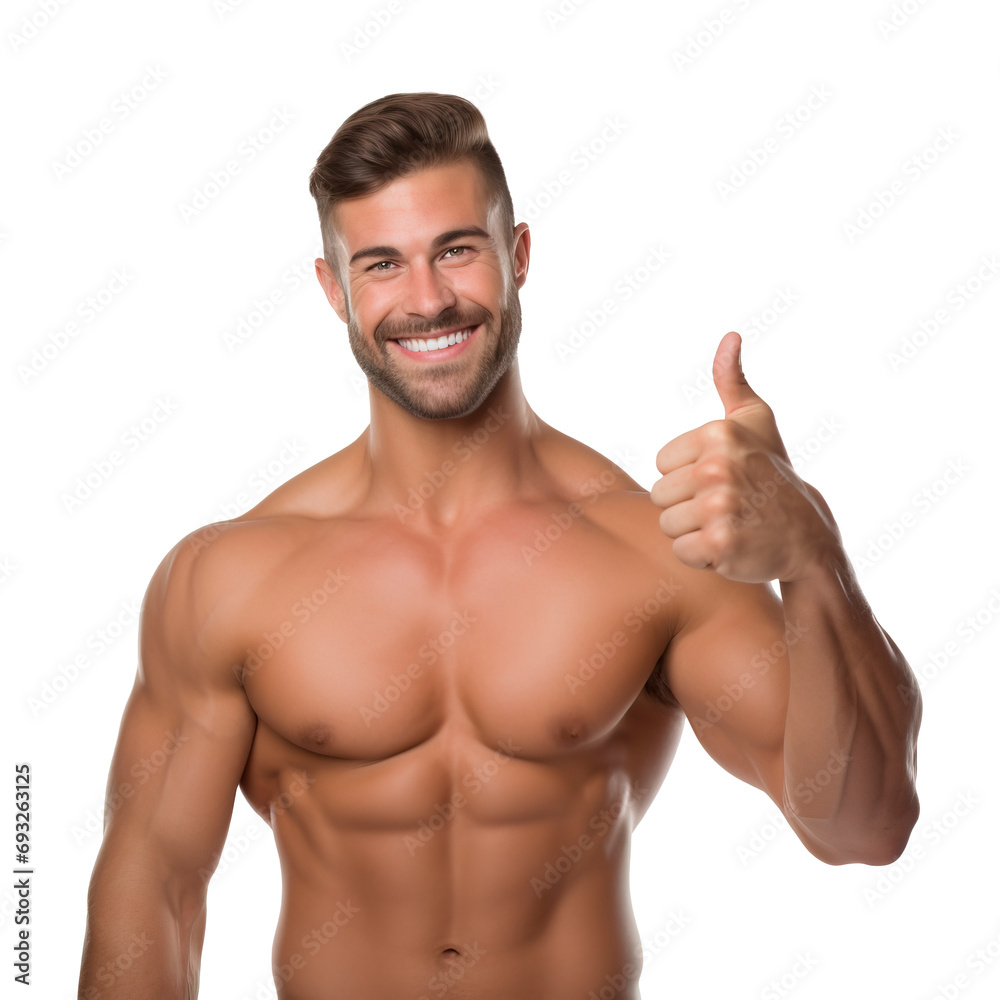 Attractive Caucasian body builder doing thumbs up shirtless over white transparent background Attractive Caucasian body builder doing thumbs up shirtless over white transparent background