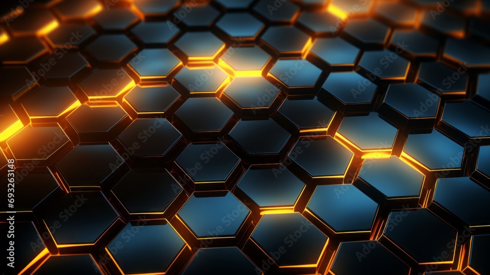 Luminous Nexus: Hexagonal Cells with a Golden Neon Outline Luminous Nexus: Hexagonal Cells with a Golden Neon Outline