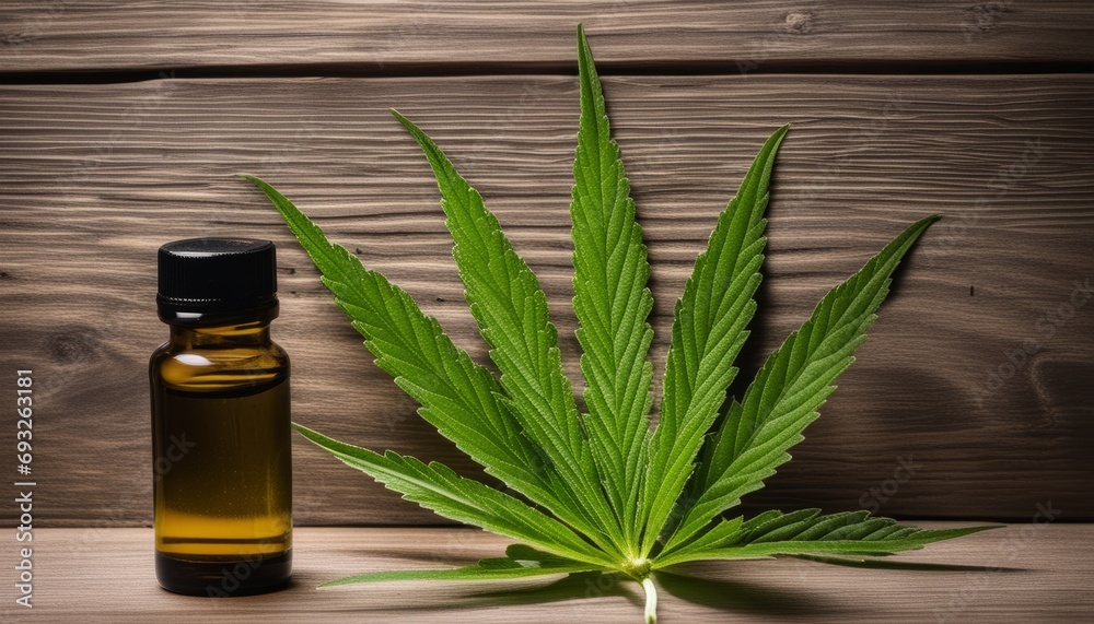 A bottle of oil next to a leaf A bottle of oil next to a leaf