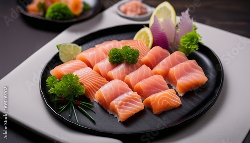 A plate of sushi with salmon, lemon, and parsley