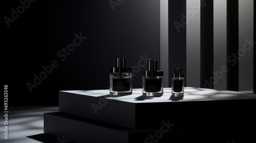 Luxury Fragrance Bottles with Dramatic Lighting on Modern Display