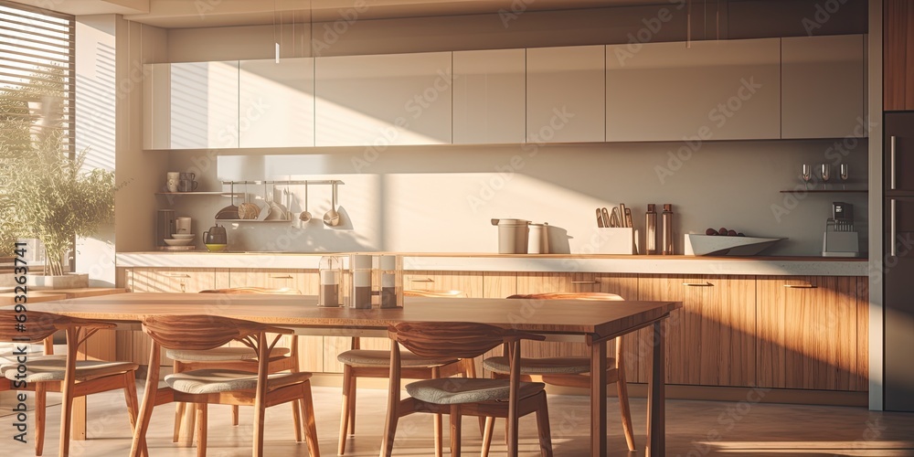 Sunlit kitchen interior with working surface, dining table, and counter. Family gathering concept. . Mock-up. Toned image.