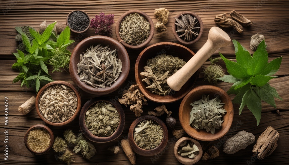 A variety of herbs and spices in bowls A variety of herbs and spices in bowls