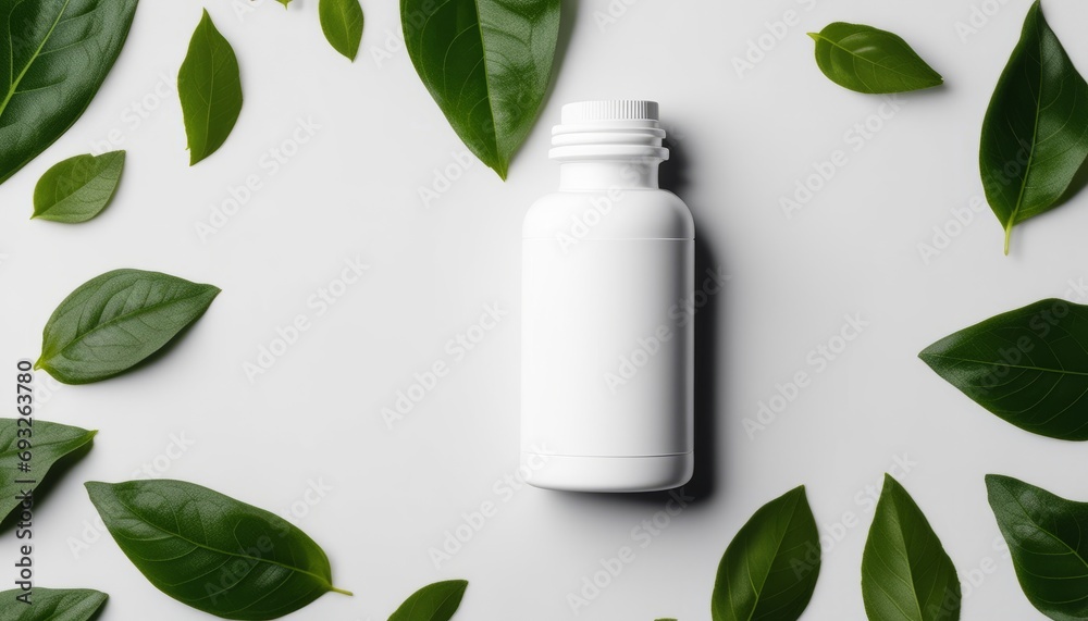 A bottle of medicine with green leaves in the background A bottle of medicine with green leaves in the background