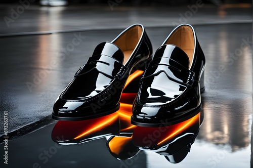 Reflection of runway lights on a pair of glossy patent leather loafers.
