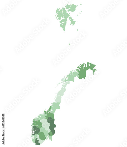 Norway map. Map of Norway divided into six main regions