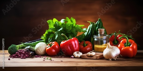 Fresh vegetables and a cutting board on a wooden kitchen counter  separate from the background.