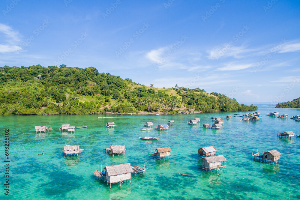 Beautiful aerial view borneo sea gypsy water village in Mabul Bodgaya Island, Malaysia.