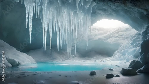 frozen oasis hidden within depths glacier, where delicate icicles hang from ceiling turquoise pools meler cave floor. photo
