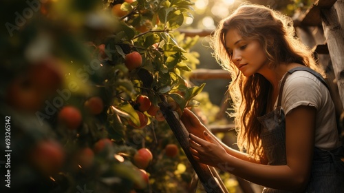 portrait of young woman in orchard picking apples from tree on ladder