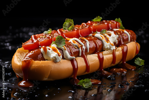 Hot dog with ketchup and mayonnaise, dramatic studio lighting and a shallow depth of field, placed on a reflective black surface, hot steam. Ai Generated.NO.03