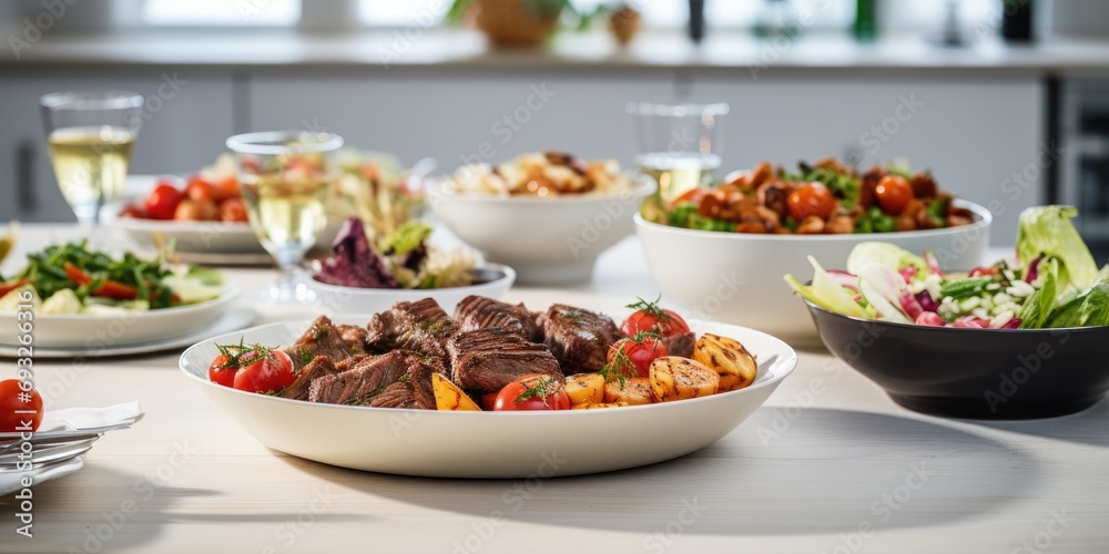 Delicious meat side dishes on a white wooden table, with warm salads.