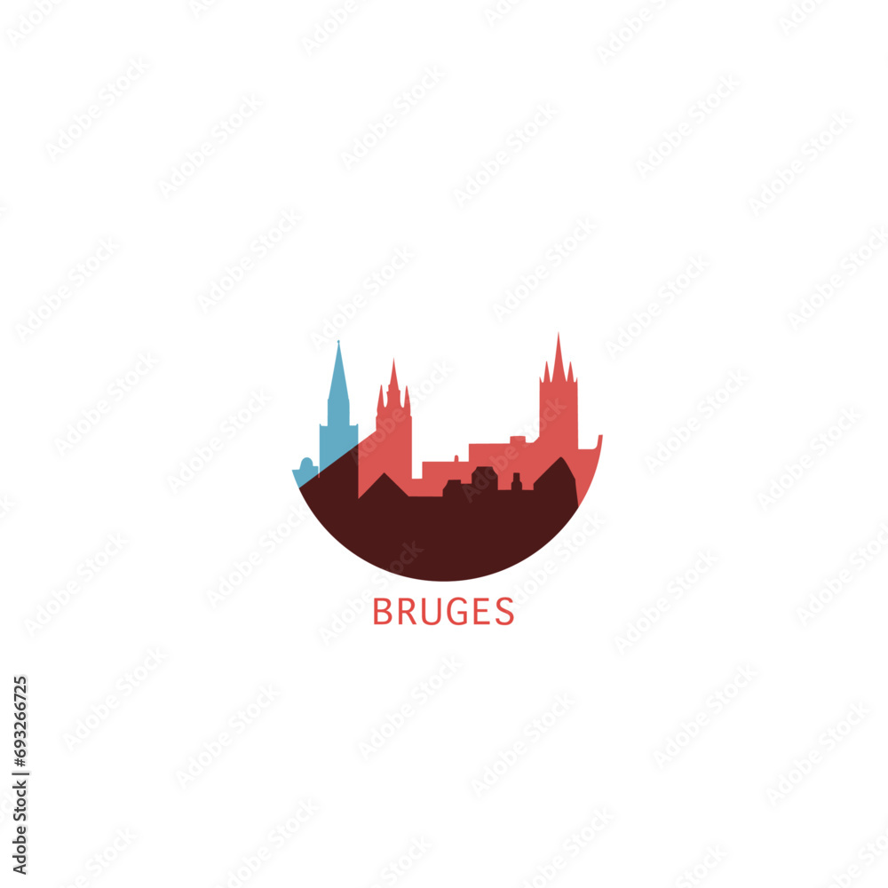 Naklejka premium Bruges cityscape skyline city panorama vector flat modern logo icon. Belgium Flandres region town emblem idea with landmarks and building silhouettes