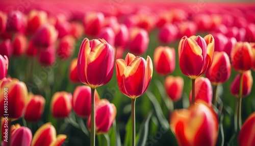A field of red tulips in bloom