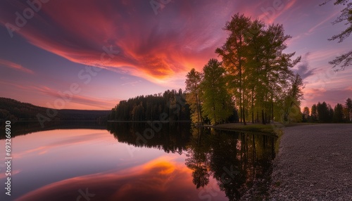 A serene lake with a beautiful sunset and trees in the background