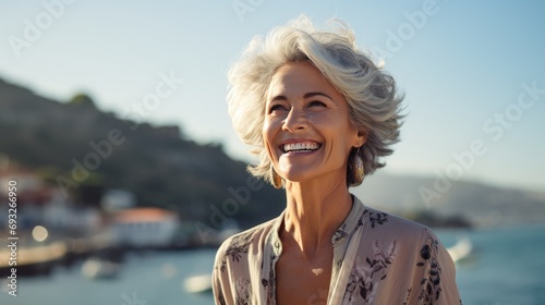 portrait of middle aged happy woman on vacation on the seaside with ocean in the background