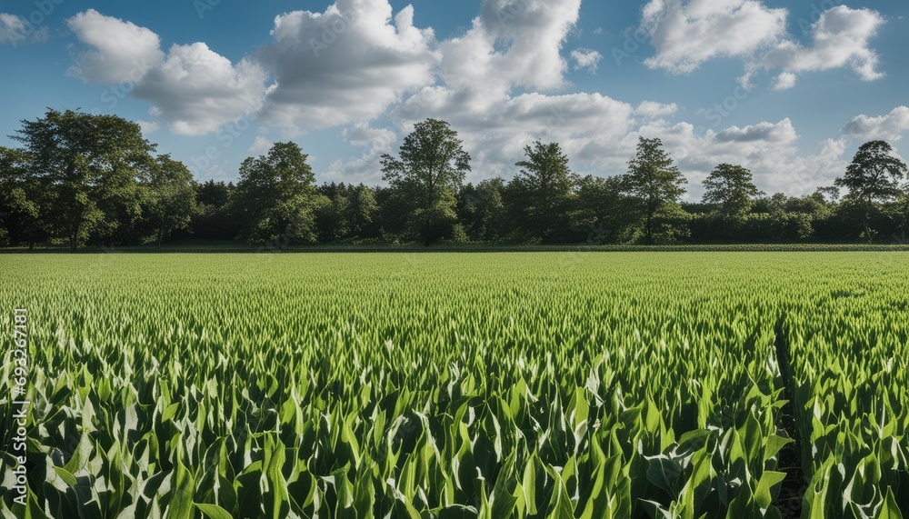 A field of green grass with a blue sky in the background A field of green grass with a blue sky in the background