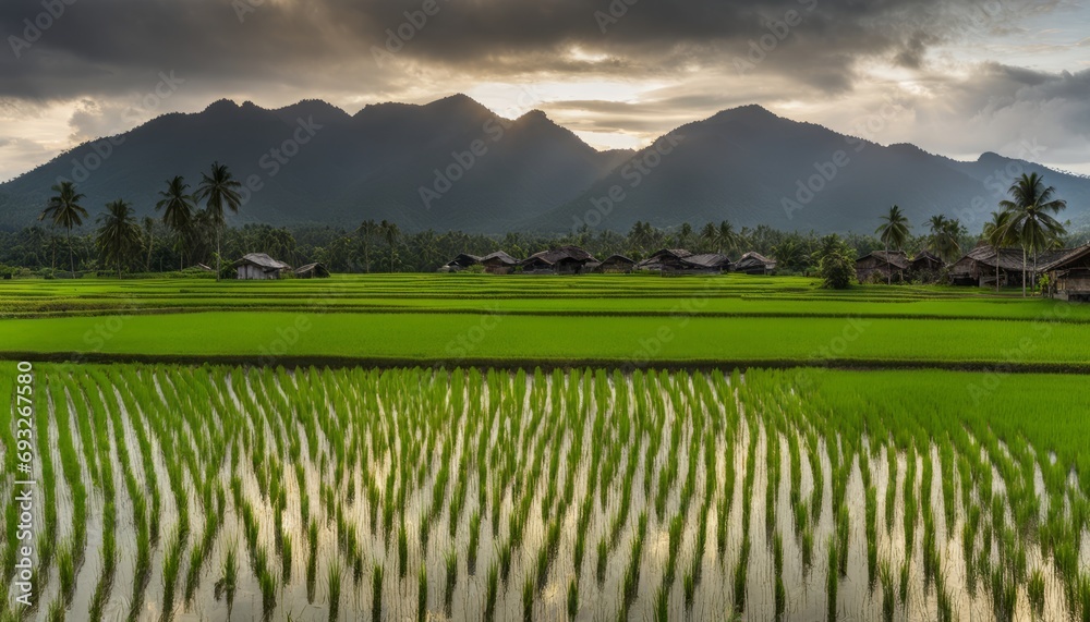 A field of rice with mountains in the background