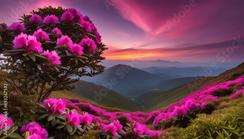 Pink flowers bloom on a hillside during a beautiful sunset