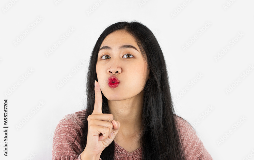 Young asian woman black long hair style posting secret isolated on white background Young asian woman black long hair style posting secret isolated on white background