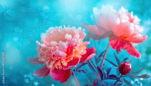 Pink carnation flowers at blurry blue background.